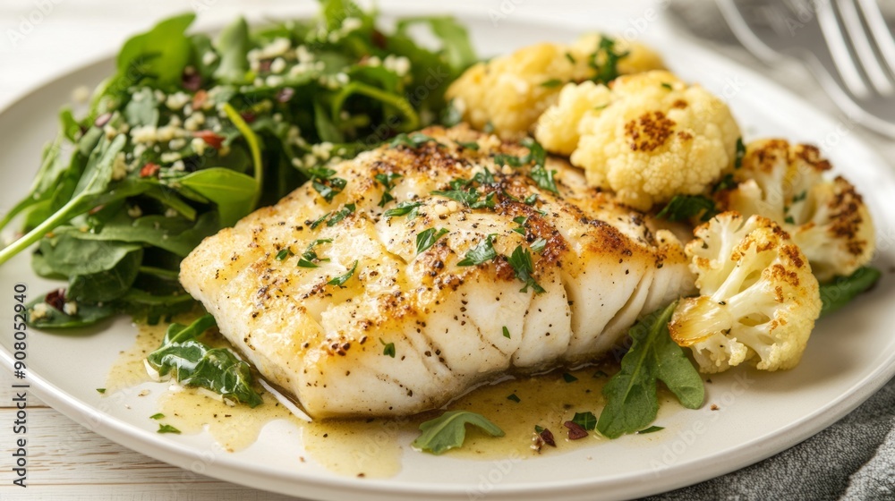 Pan seared fish with roasted cauliflower and greens. Delicious pan-seared fish topped with roasted cauliflower florets and a fresh green salad. Perfect for a light and healthy dinner. Pan seared fish with roasted cauliflower and greens. Delicious pan-seared fish topped with roasted cauliflower florets and a fresh green salad. Perfect for a light and healthy dinner.