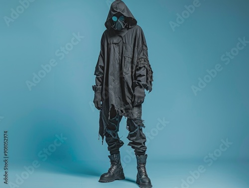 Medium shot of The man put on a black hood and an old, disheveled, torn cloak, black boots, and a black respirator mask, themed background, bright tonality, in the style of fashion photography.