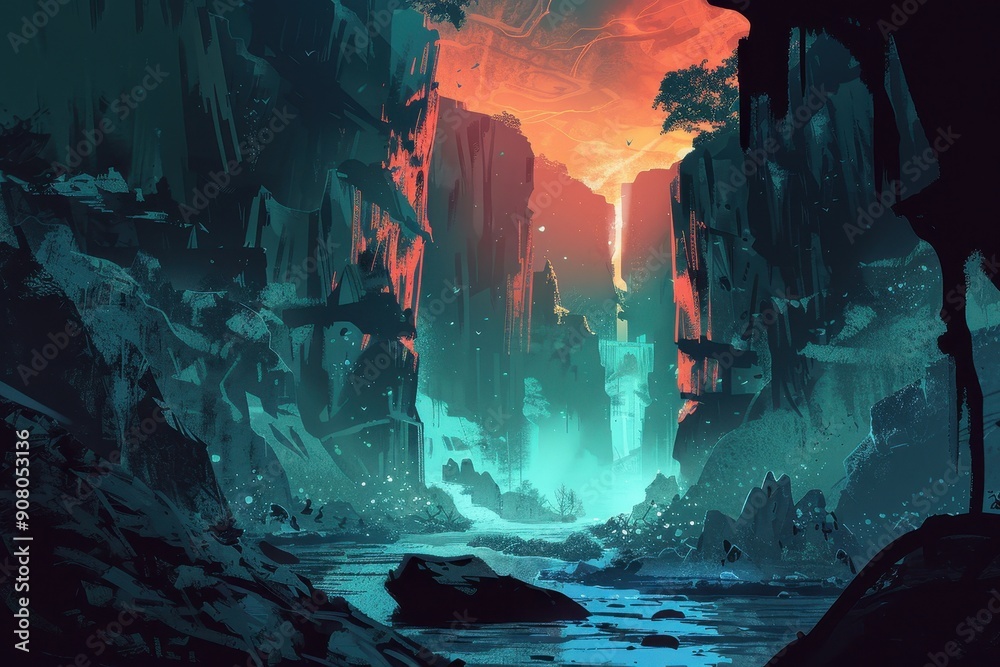 A mystical river flows through a canyon bathed in the soft glow of an ethereal sunset A mystical river flows through a canyon bathed in the soft glow of an ethereal sunset
