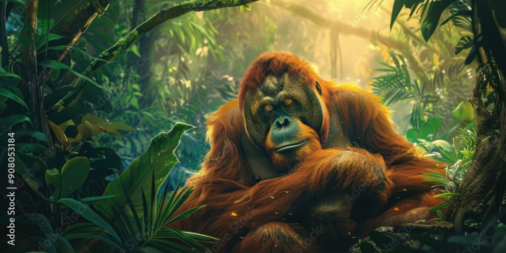 Obraz premium Orangutan Sitting in Lush Jungle