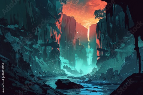 A mystical river flows through a canyon bathed in the soft glow of an ethereal sunset