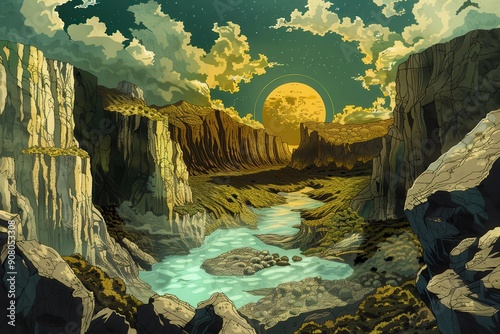 A winding river flows through a canyon under a large yellow moon and a starry sky