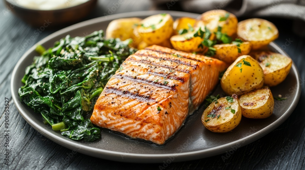 Grilled salmon with roasted potatoes and spinach. Deliciously grilled salmon fillet with roasted potatoes and sauteed spinach. This is a hearty and flavorful meal. Grilled salmon with roasted potatoes and spinach. Deliciously grilled salmon fillet with roasted potatoes and sauteed spinach. This is a hearty and flavorful meal.