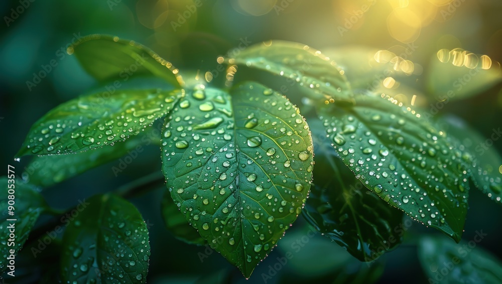 A close-up of dew-covered leaves, with sunlight filtering through them creating a soft glow on the green foliage. A close-up of dew-covered leaves, with sunlight filtering through them creating a soft glow on the green foliage.