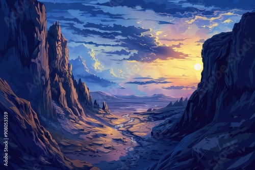 A winding river flows through a canyon as the sun sets over the distant mountains