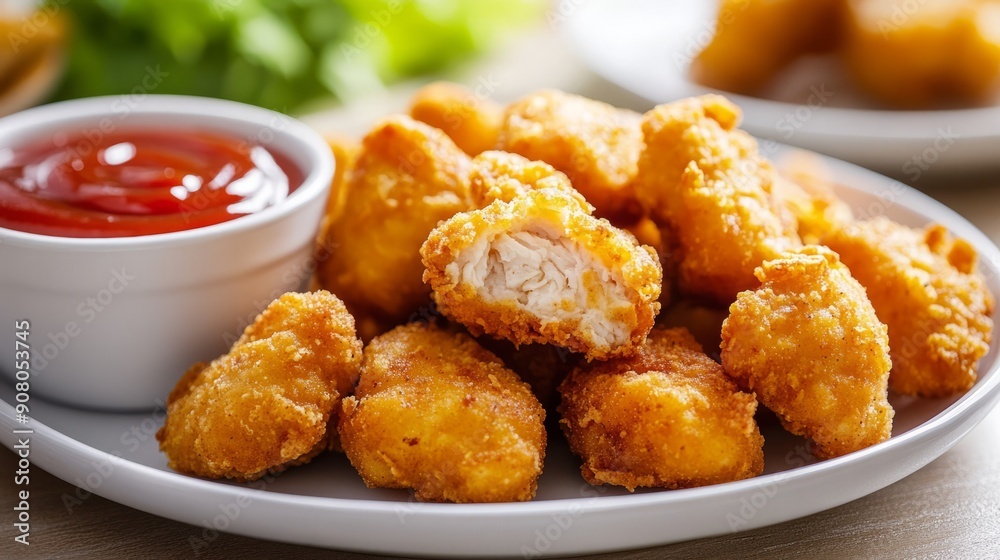 Crispy chicken nuggets with ketchup. Close-up of crispy chicken nuggets served with a side of ketchup. The nuggets are golden brown and appear delicious. Crispy chicken nuggets with ketchup. Close-up of crispy chicken nuggets served with a side of ketchup. The nuggets are golden brown and appear delicious.