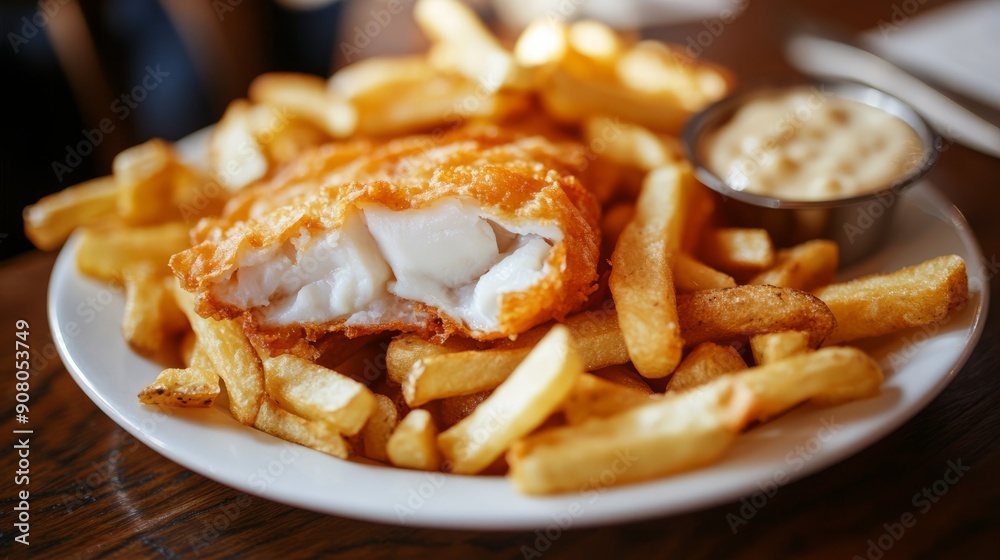 Crispy fish and chips with creamy sauce. Freshly fried fish and crispy fries served with a creamy dipping sauce on a white plate. Crispy fish and chips with creamy sauce. Freshly fried fish and crispy fries served with a creamy dipping sauce on a white plate.