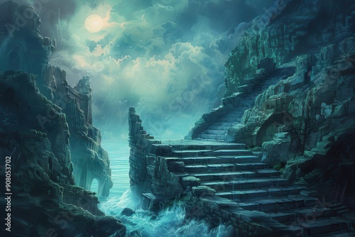 A stone stairway ascending into a mysterious ocean under a moonlit sky