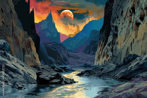 A winding river flows through a fantastical landscape with a red moon in the sky