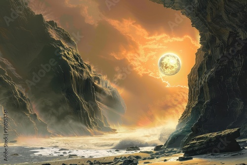 A golden moon rises above a rocky beach illuminating the scene with an ethereal glow