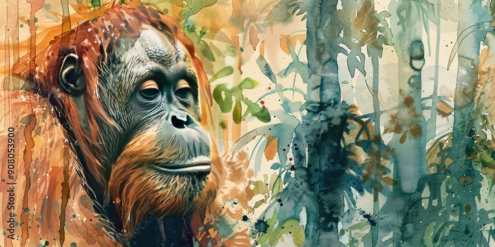 Obraz premium Watercolor Portrait of Orangutan