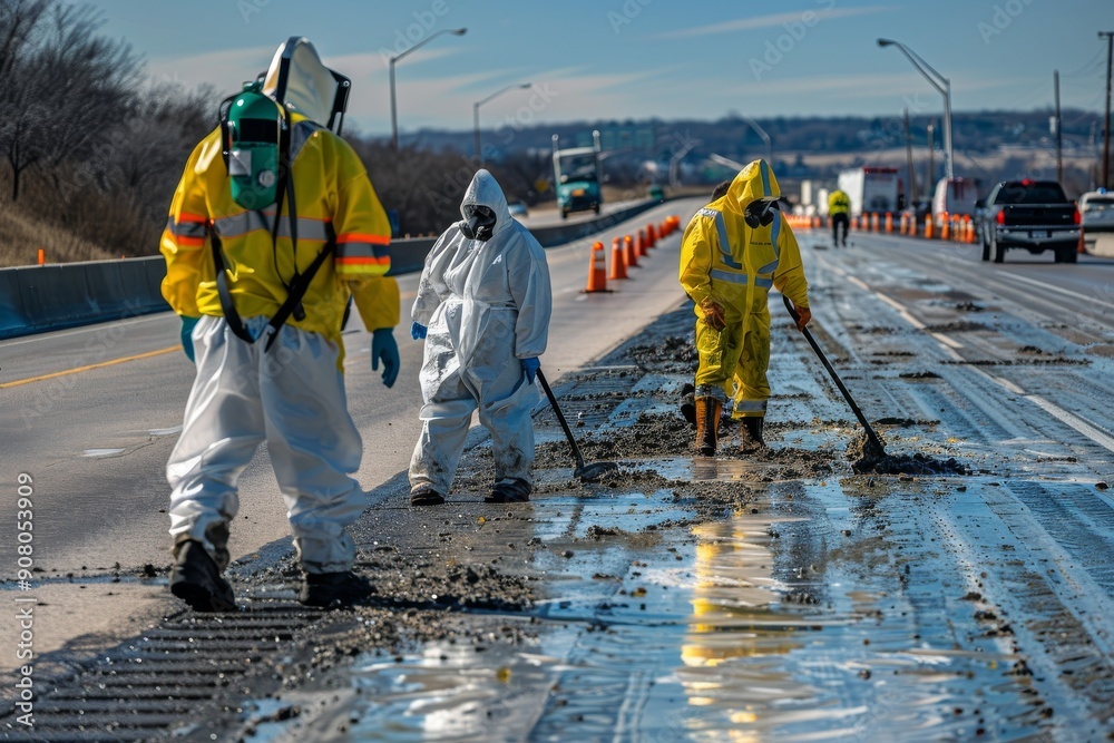 Hazardous Material Cleanup Crew on a Highway Hazardous Material Cleanup Crew on a Highway