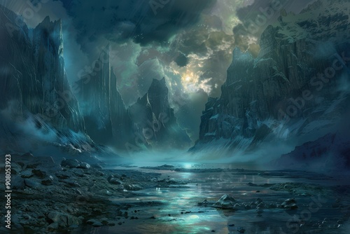 A mystical river flows through a valley of towering icy mountains under a starry sky