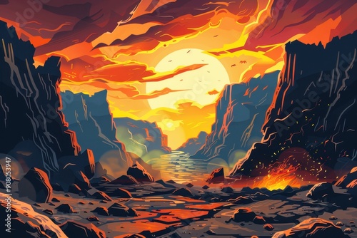 A fiery sunset illuminates a canyon with a glowing river in the distance