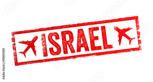 Israel - is a country in the Southern Levant, West Asia, text emblem stamp with airplane
