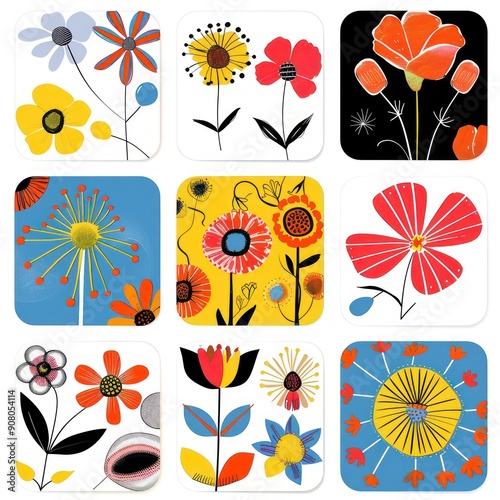 A set of colorful and decorative tile designs featuring bold floral patterns. Each tile showcases a different arrangement of flowers in a unique style. The tiles are perfect for adding a touch of whim