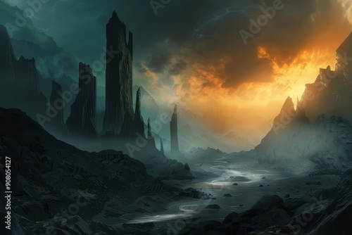 A winding river flows through a desolate rocky landscape illuminated by a distant fiery sunset