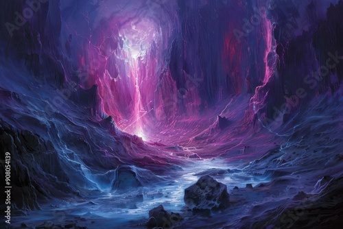 A glowing gorge and vibrant light in a mystical and dark landscape