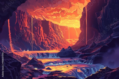 A fiery river flows through a canyon of majestic rock formations illuminated by a glowing sky