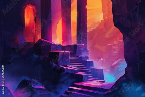 A Glowing Staircase Leads Up Through a Cave With Pillars and a Distant Orange Glow