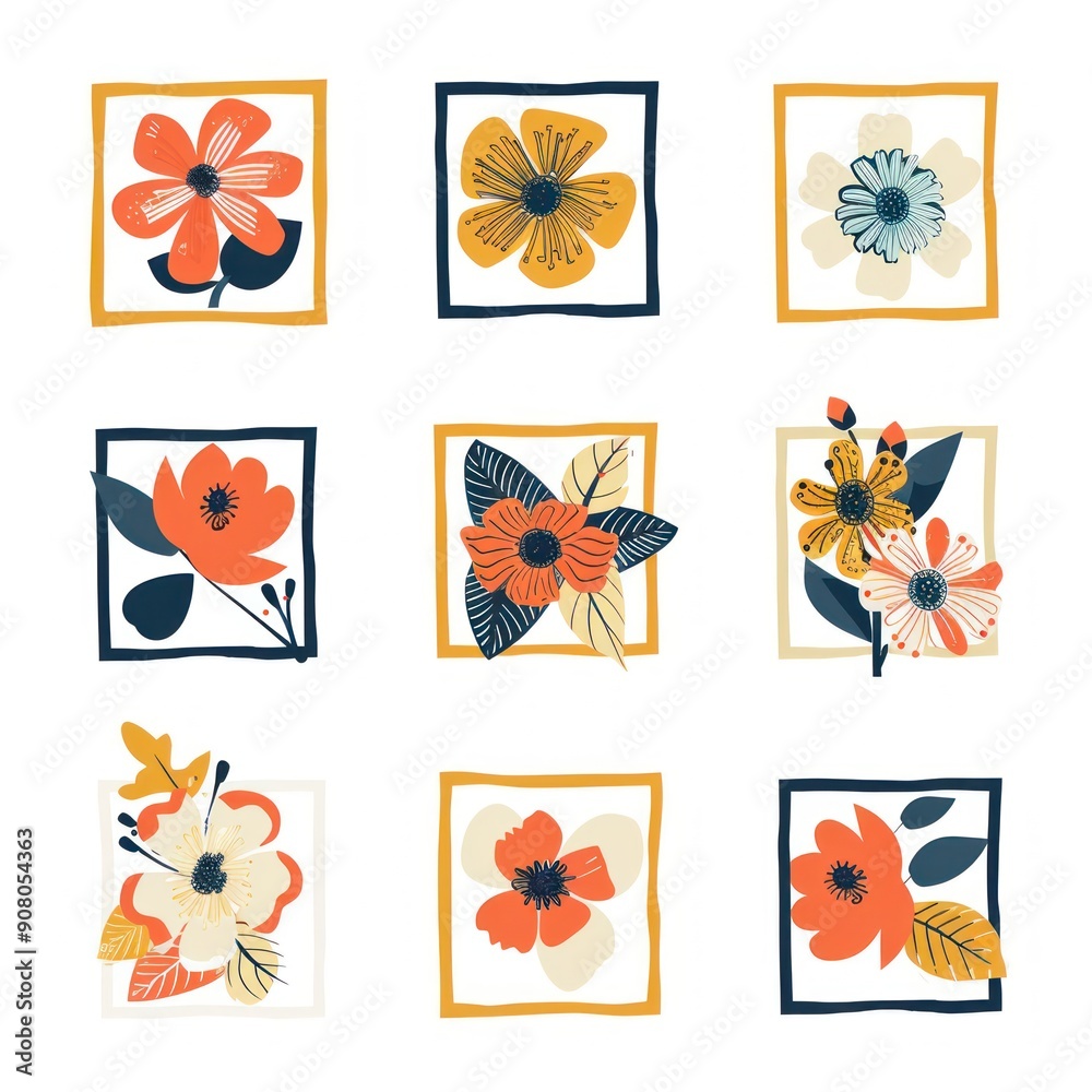 Nine different flowers in colorful frames, all on a white background. This image could be used as a design element for greeting cards, social media posts, or for other creative projects. Nine different flowers in colorful frames, all on a white background. This image could be used as a design element for greeting cards, social media posts, or for other creative projects.
