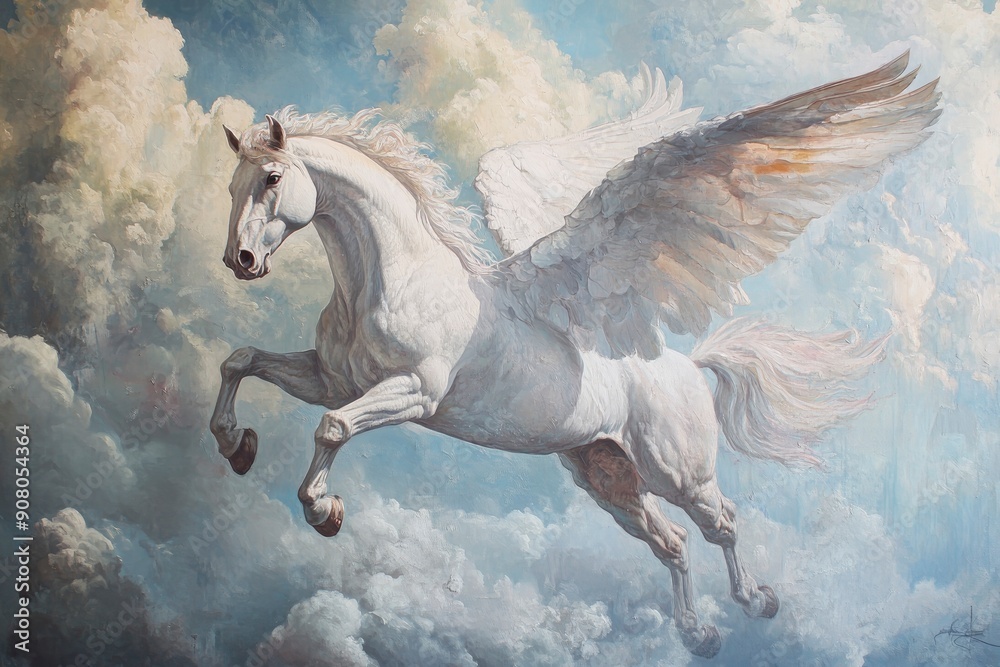 Fototapeta premium Powerful Pegasus Soaring Through the Heavens, Capturing the Essence of Greek Mythological Legends and Heroic Adventure â€“ Perfect for Inspirational Art, ai