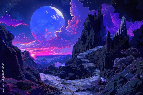 A mystical path leading up to a towering rock formation under a giant moon and starry sky