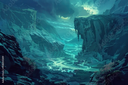 A mystical canyon landscape with a river flowing through it under a cloudy sky