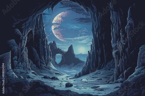 A crevice in a rocky landscape reveals a view of a glowing moon and a night sky