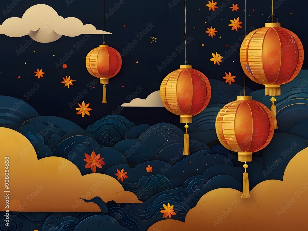 Mid-Autumn Festival Traditional Chinese Festive Illustration with Red Lanterns and full moon in the Night Sky background Mid-Autumn Festival Traditional Chinese Festive Illustration with Red Lanterns and full moon in the Night Sky background