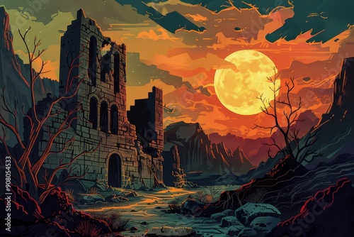 A ruined tower bathed in the light of a full moon set against a dark and mysterious landscape