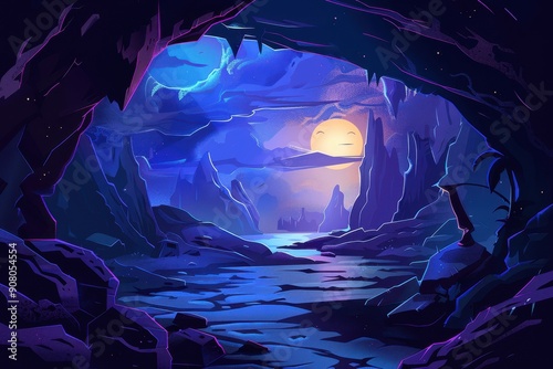 A View From Inside a Cave With a Large Moon and Mountains in the Distance