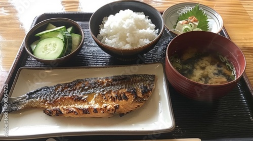A traditional Japanese breakfast with grilled fish, miso soup, steamed rice, pickles, and a rolled omelette. 