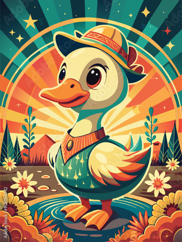 Retro Cartoon Duck with Hat in a Summery Setting