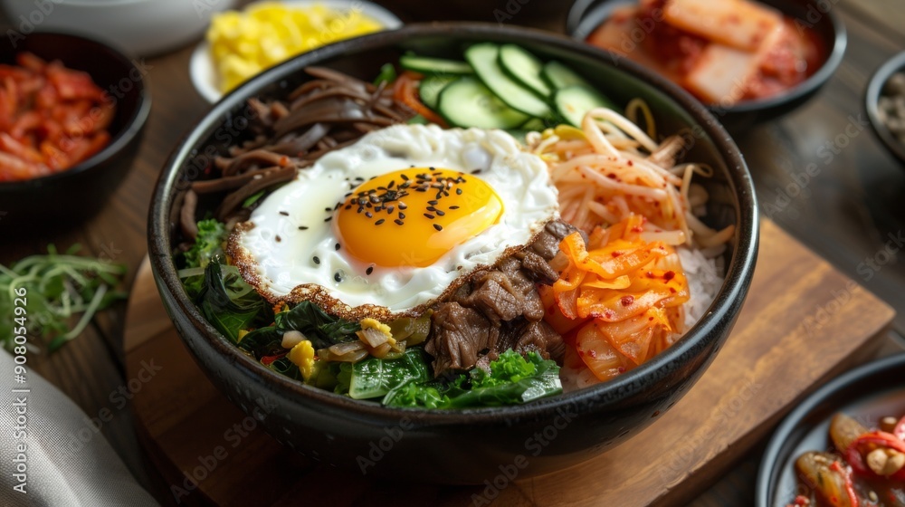 A traditional Korean bibimbap bowl, beautifully arranged with a variety of vegetables, marinated beef, and a perfectly cooked sunny-side-up egg on a bed of warm rice. A traditional Korean bibimbap bowl, beautifully arranged with a variety of vegetables, marinated beef, and a perfectly cooked sunny-side-up egg on a bed of warm rice.