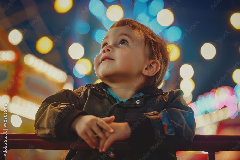 A young child with a curious expression gazes upward, surrounded by colorful lights, evoking a sense of wonder and delight. A young child with a curious expression gazes upward, surrounded by colorful lights, evoking a sense of wonder and delight.