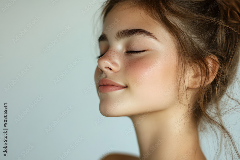 A close up of a girl's face with her eyes closed