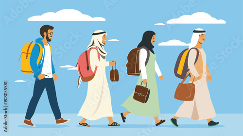 Group diverse students walk smiling backpacks Middle Eastern attire happy Four people different ethnicities traveling outdoor scene blue sky. Cultural exchange modern education background Middle