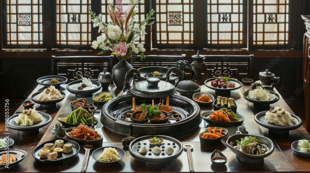 A traditional Korean royal court meal, featuring delicately prepared dishes such as gujeolpan (platter of nine delicacies), royal hot pot, and decorative vegetable wraps.