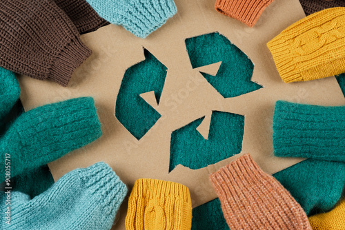 Close up clothing recycling. Responsible consumption. Ecological and sustainable fashion. Protect nature and save planet