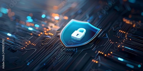 A blue digital shield with an illuminated lock icon floating in the center, surrounded glowing lines on a black background.