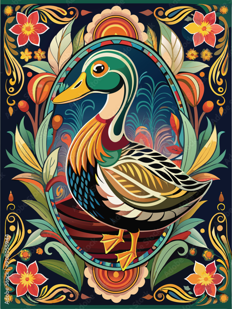 Fototapeta premium Stylized Duck with Floral Ornamentation