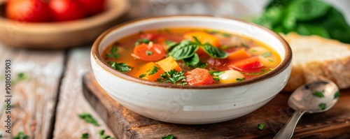 A close-up of a bowl of fresh vegetable soup with herbs, placed on a rustic table with bread and tomatoes in the background.
