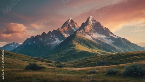 Scenic view of mountains during sunset, featuring colorful clouds and green grass