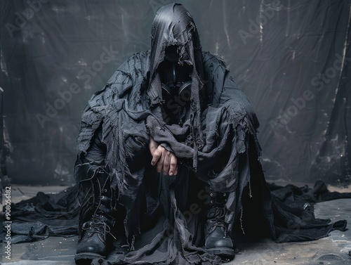 Medium shot of The man put on a black hood and an old, disheveled, torn cloak, black boots, and a black respirator mask, themed background, bright tonality, in the style of fashion photography.