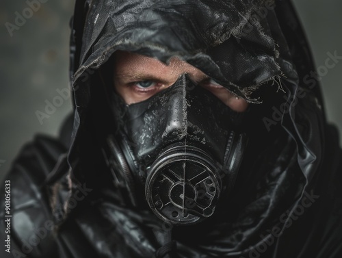 Medium shot of The man put on a black hood and an old, disheveled, torn cloak, black boots, and a black respirator mask, themed background, bright tonality, in the style of fashion photography.