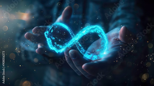 A person's hands hold a glowing, digital infinity symbol against a dark background with sparkles. Generative AI
