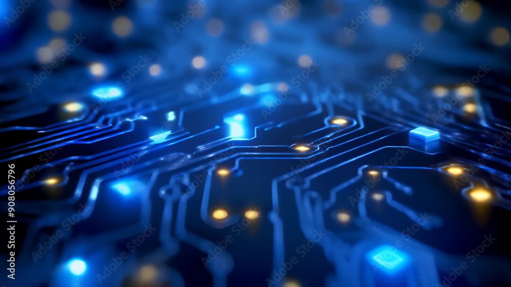 Horizontal close-up video of glowing circuit board with blue and yellow lights, symbolizing advanced technology, data processing, and the intricate design of modern electronics