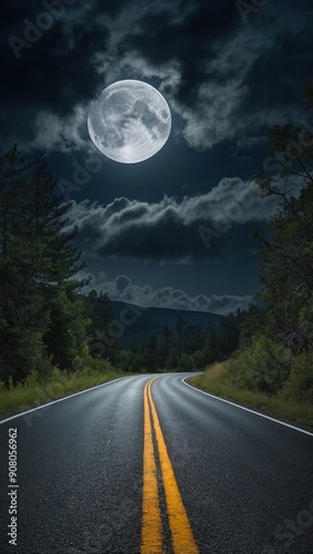 A peaceful road scene featuring a luminous full moon hanging in the dark sky