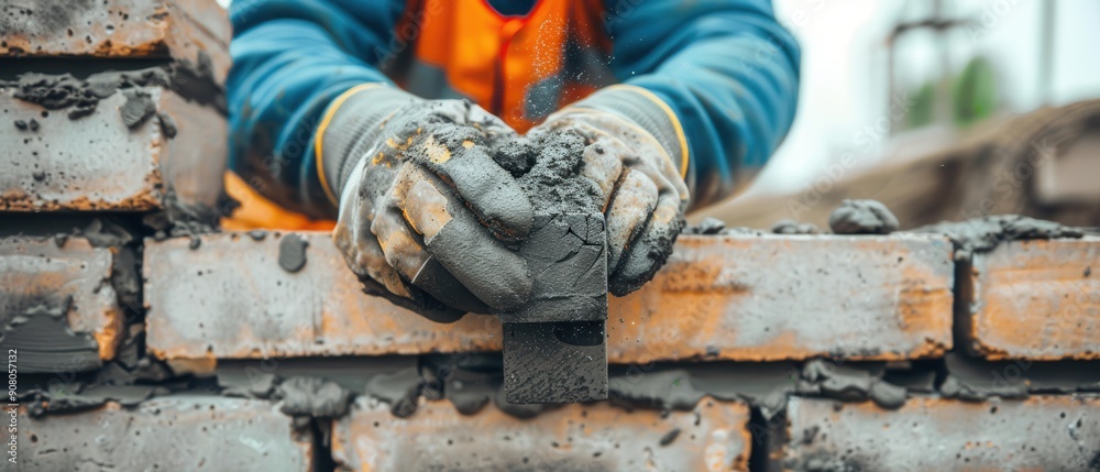 Construction worker laying bricks, hands protected by gloves, focused on building. Construction worker laying bricks, hands protected by gloves, focused on building.